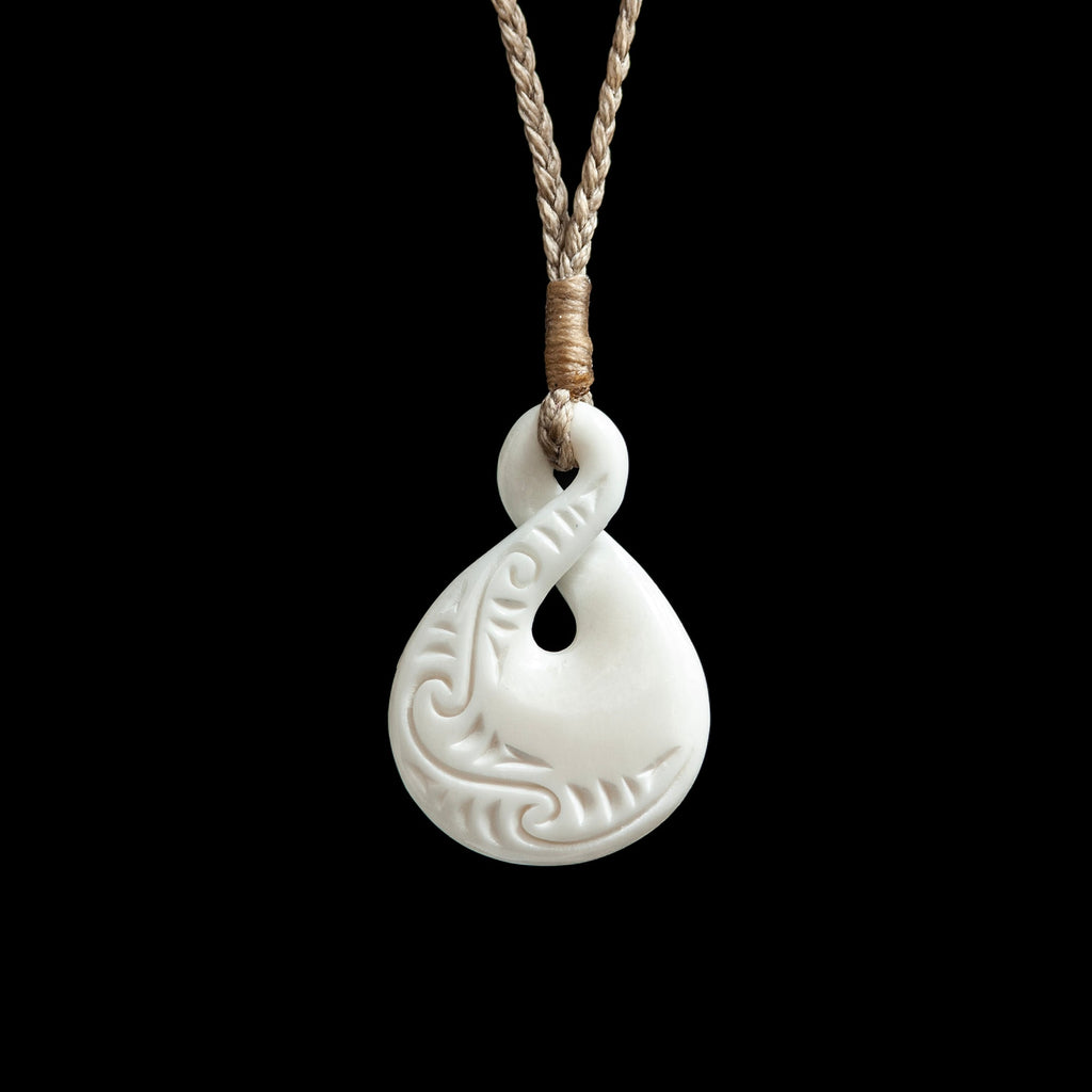 Small Carved Pikorua Twist, handcrafted bone pendant with plaited cord-0