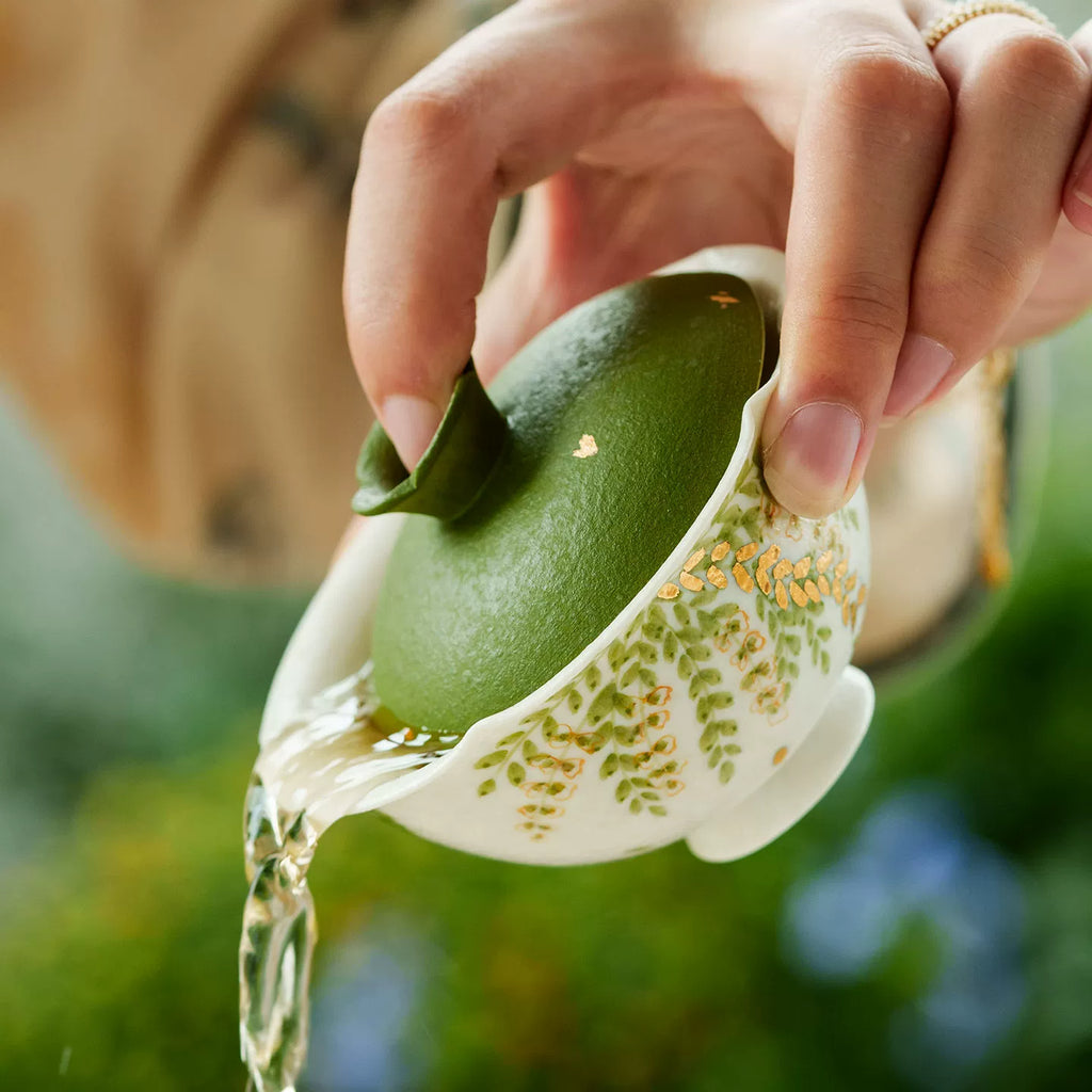 Handmade Ceramic Gaiwan with Green Leaf Design ÃÂÃÂ¢ÃÂÃÂÃÂÃÂ 95ml Traditional Chinese Tea Cup with Lid-2