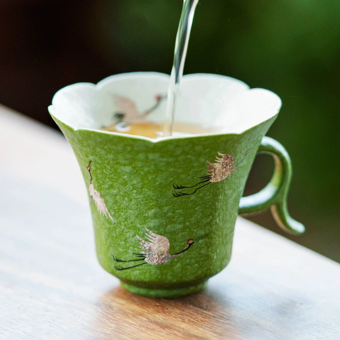 Crane Dance Porcelain Teacup ÃÂÃÂ¢ÃÂÃÂÃÂÃÂ Celadon Green Floral Rim Teacup with Handle | Gift Set Edition-2