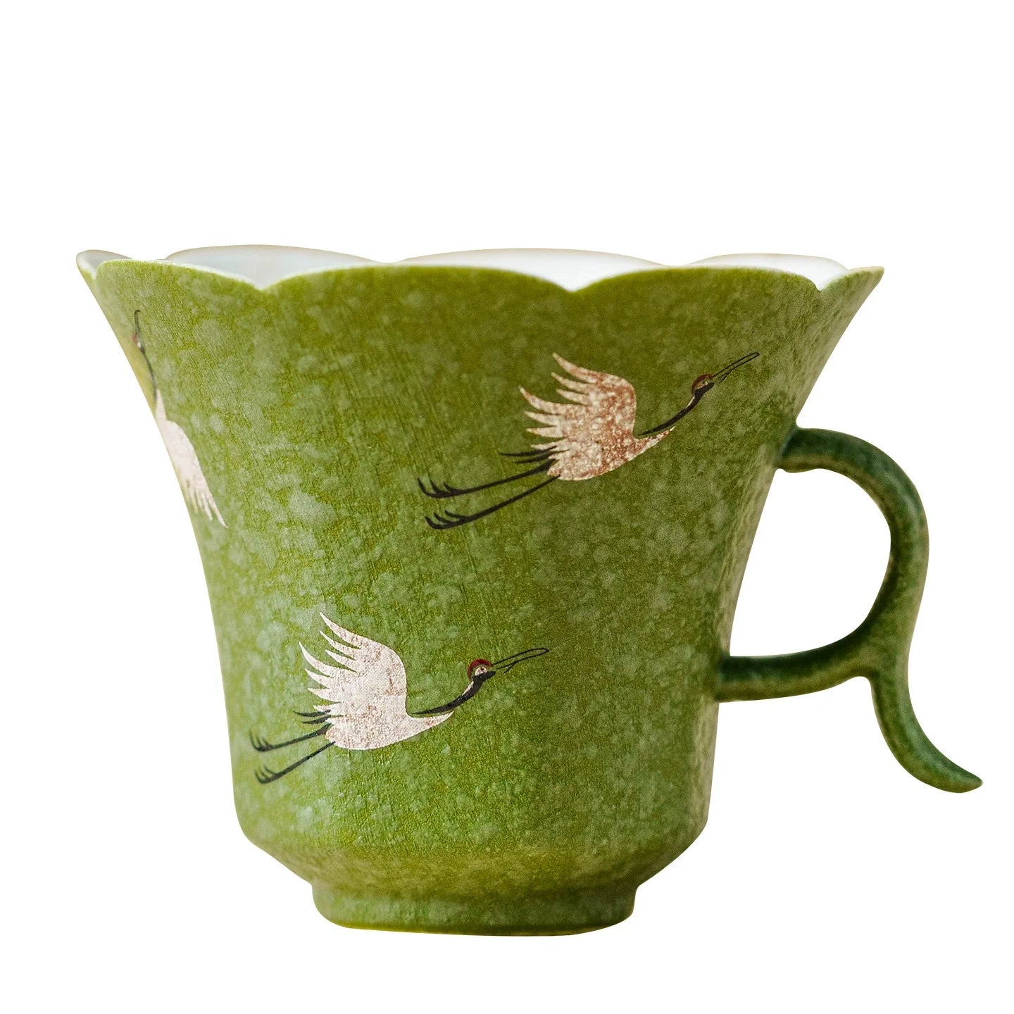 Crane Dance Porcelain Teacup ÃÂÃÂ¢ÃÂÃÂÃÂÃÂ Celadon Green Floral Rim Teacup with Handle | Gift Set Edition-4