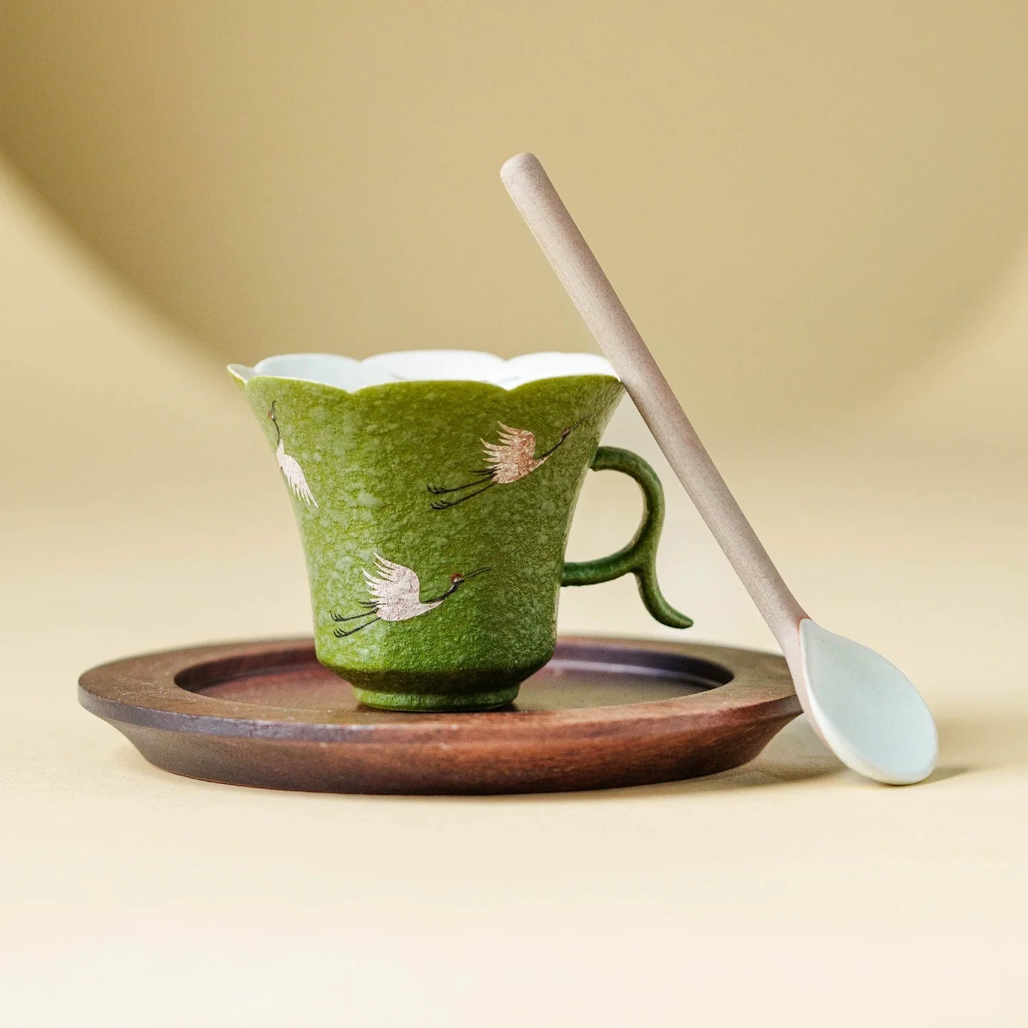 Crane Dance Porcelain Teacup ÃÂÃÂ¢ÃÂÃÂÃÂÃÂ Celadon Green Floral Rim Teacup with Handle | Gift Set Edition-1