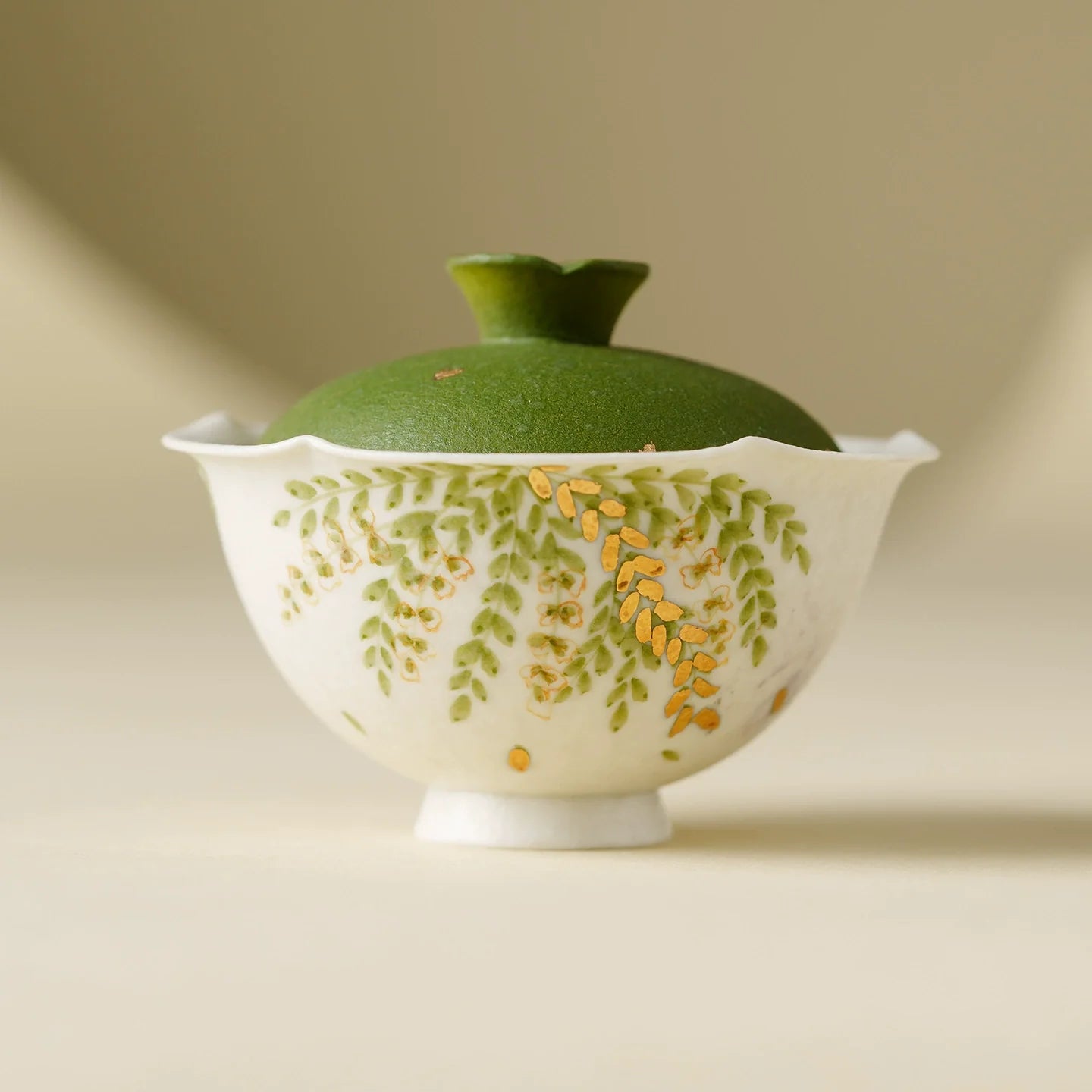 Handmade Ceramic Gaiwan with Green Leaf Design ÃÂÃÂ¢ÃÂÃÂÃÂÃÂ 95ml Traditional Chinese Tea Cup with Lid-0