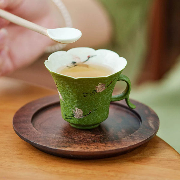 Crane Dance Porcelain Teacup ÃÂÃÂ¢ÃÂÃÂÃÂÃÂ Celadon Green Floral Rim Teacup with Handle | Gift Set Edition-0