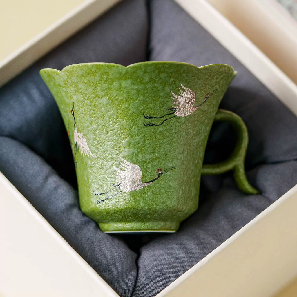 Crane Dance Porcelain Teacup ÃÂÃÂ¢ÃÂÃÂÃÂÃÂ Celadon Green Floral Rim Teacup with Handle | Gift Set Edition-3