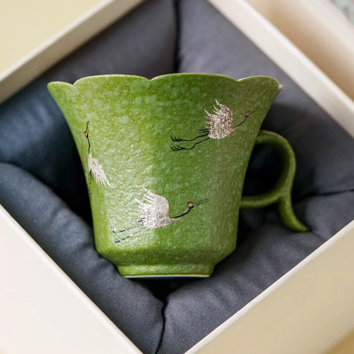 Crane Dance Porcelain Teacup ÃÂÃÂ¢ÃÂÃÂÃÂÃÂ Celadon Green Floral Rim Teacup with Handle | Gift Set Edition-3