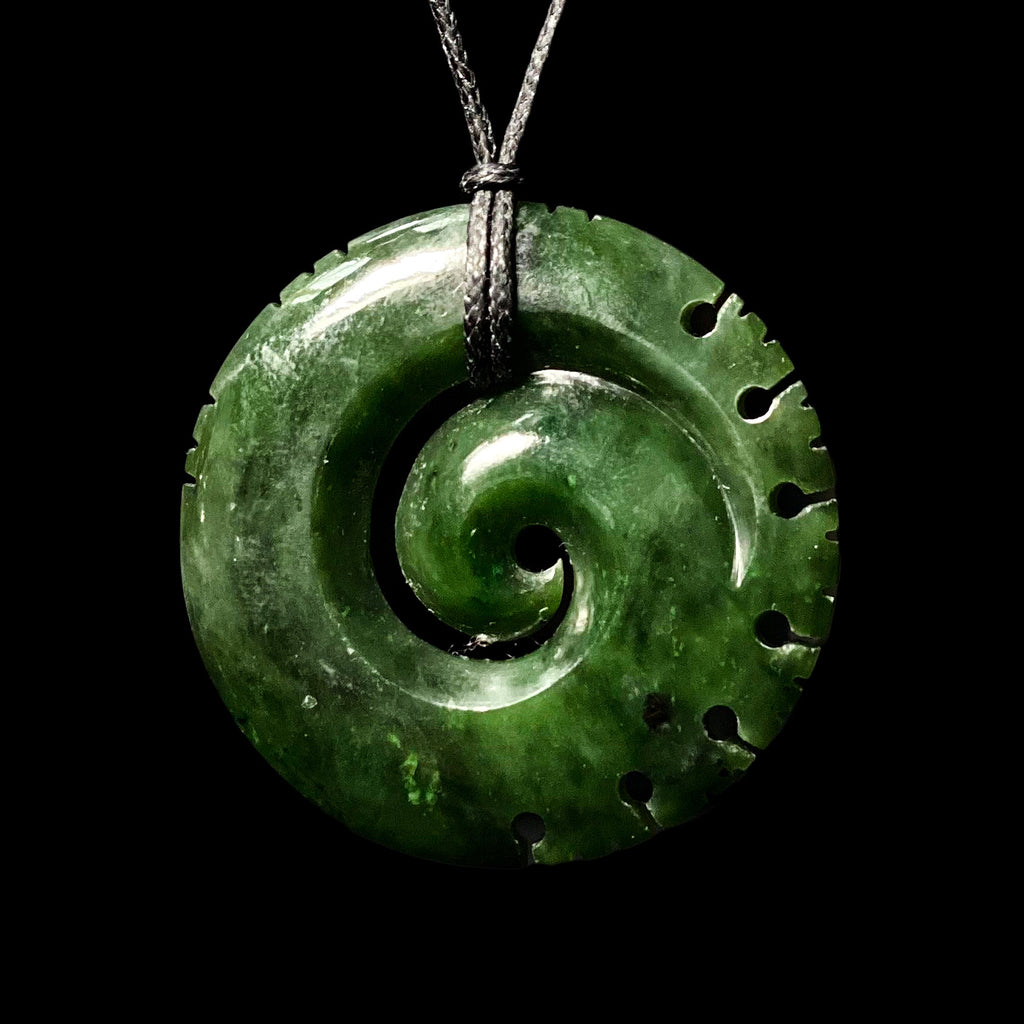 Pounamu notched Koru, handcrafted jade pendant-0
