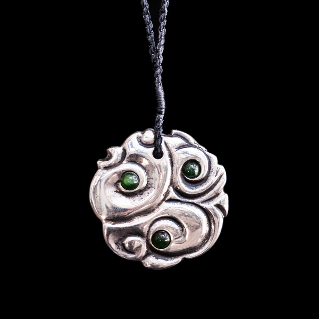 White bronze Koru Disc with inset Jade Drops by Nick and Mady-0