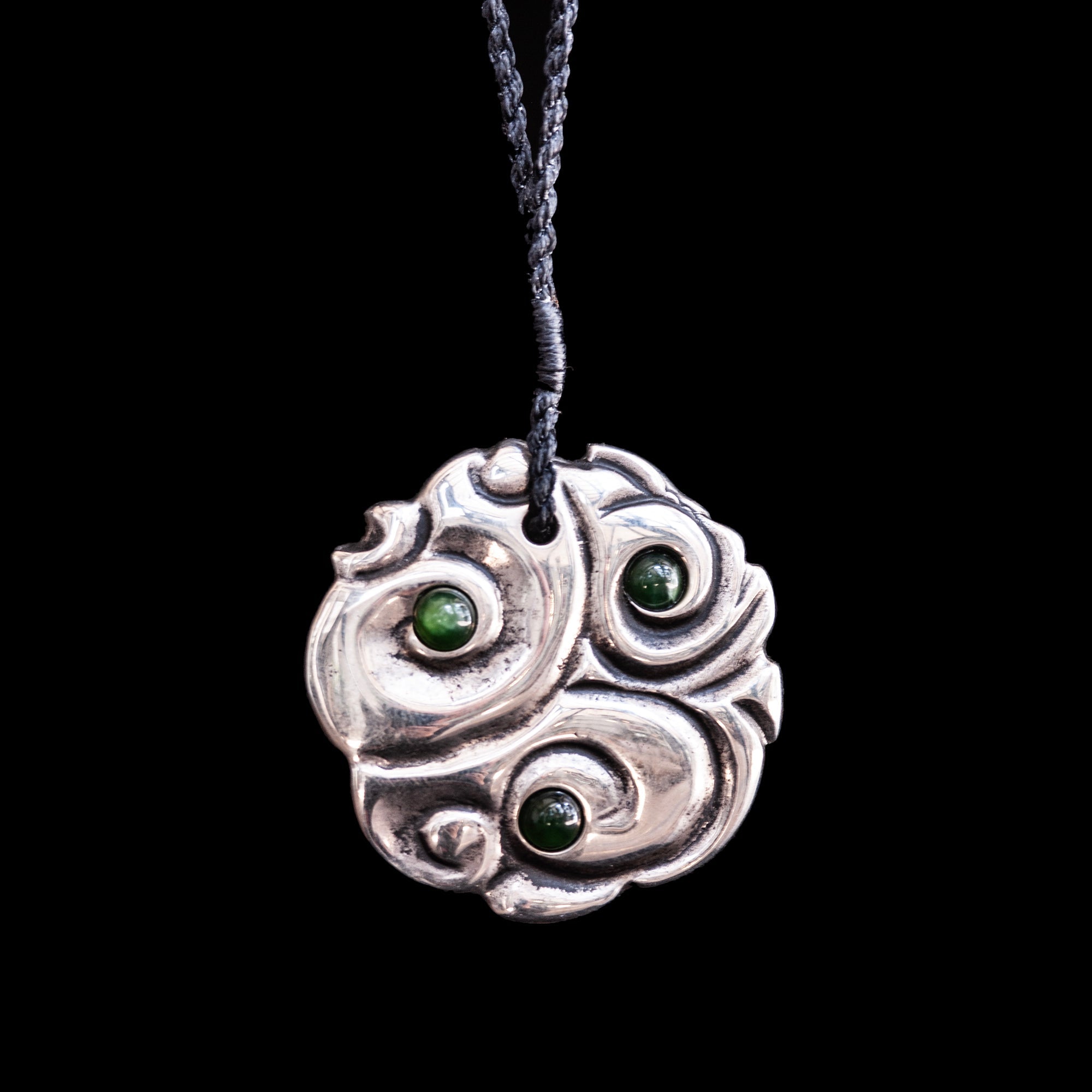 White bronze Koru Disc with inset Jade Drops by Nick and Mady-0