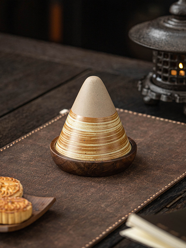 Handmade Cone Ceramic Mug with Wooden Saucer ÃÂÃÂ¢ÃÂÃÂÃÂÃÂ Retro Stoneware Cup for Coffee & Tea-3