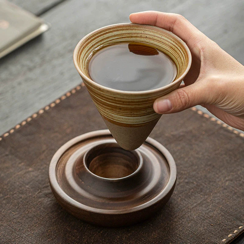 Handmade Cone Ceramic Mug with Wooden Saucer ÃÂÃÂ¢ÃÂÃÂÃÂÃÂ Retro Stoneware Cup for Coffee & Tea-0