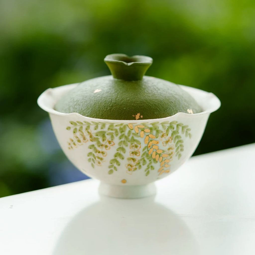 Handmade Ceramic Gaiwan with Green Leaf Design ÃÂÃÂ¢ÃÂÃÂÃÂÃÂ 95ml Traditional Chinese Tea Cup with Lid-1