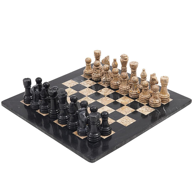 Black and Fossil Coral 15 Inches High Quality Marble Chess Set-1