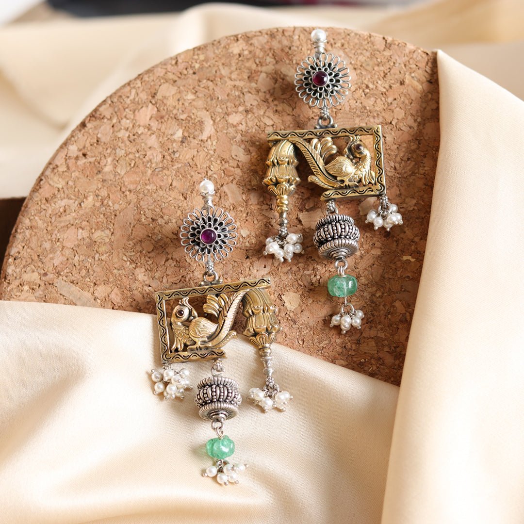 Artistic Dual Tone Peacock Earrings - Crafted Canvaas