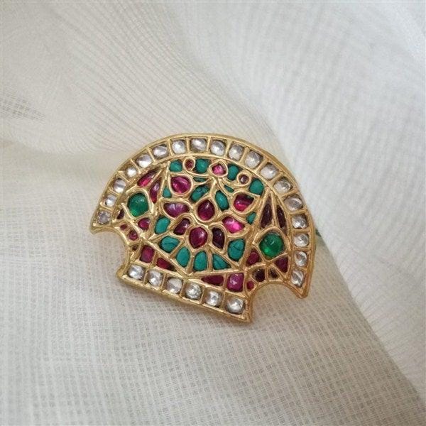 Big Gold Plated Silver ring with red kundan and turquoise stone - Crafted Canvaas