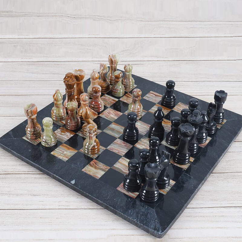 Black And Multi Green 15 Inches Premium Quality Marble Chess Set - Crafted Canvaas