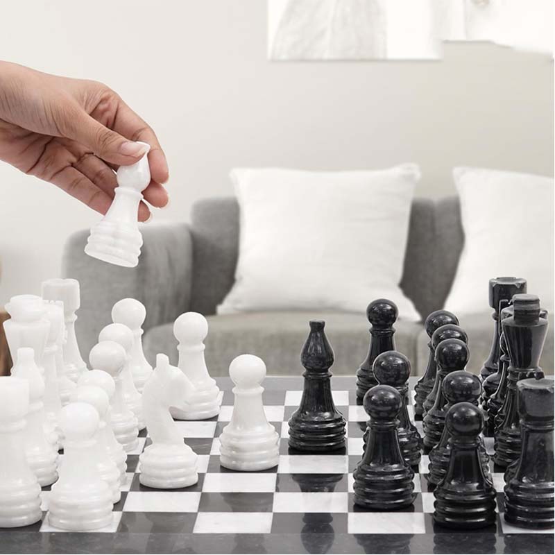 Black and White 15 Inches High Quality Marble Full Chess Set - Crafted Canvaas