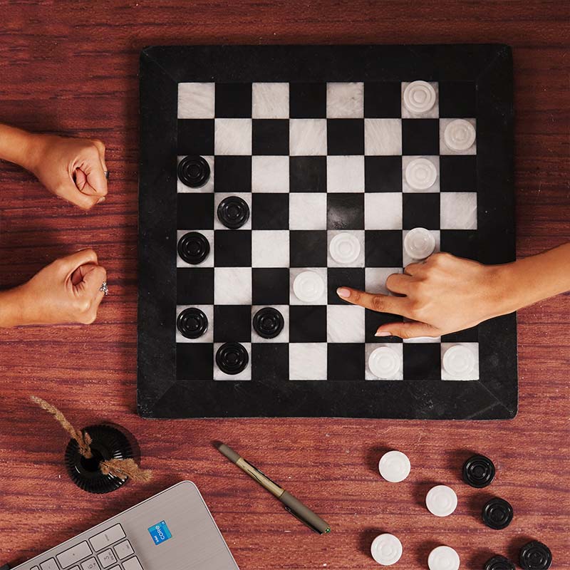 Black and White 15 Inches Marble Tournament Checkers Set - Crafted Canvaas