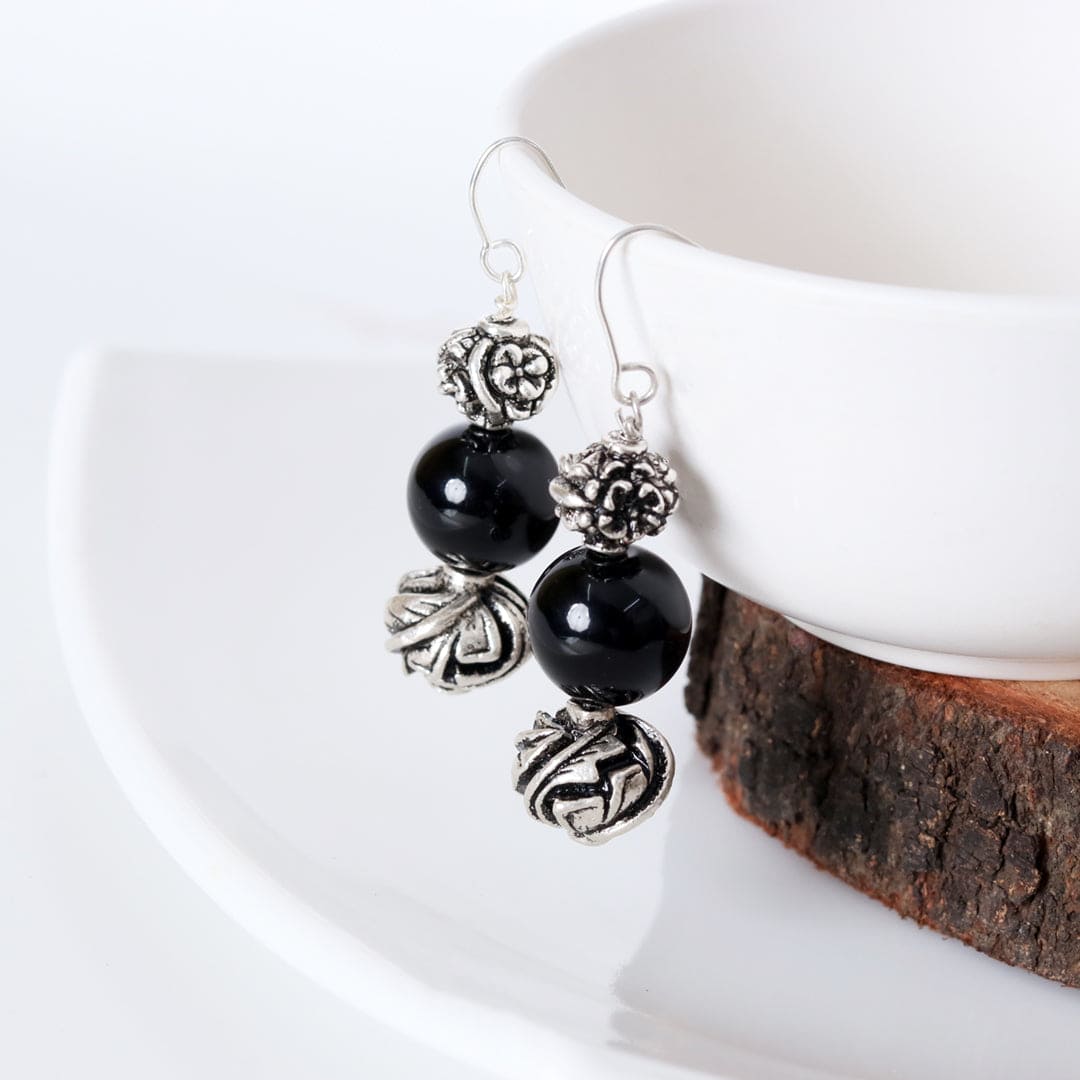 Carved Beads Onyx Earrings - Crafted Canvaas