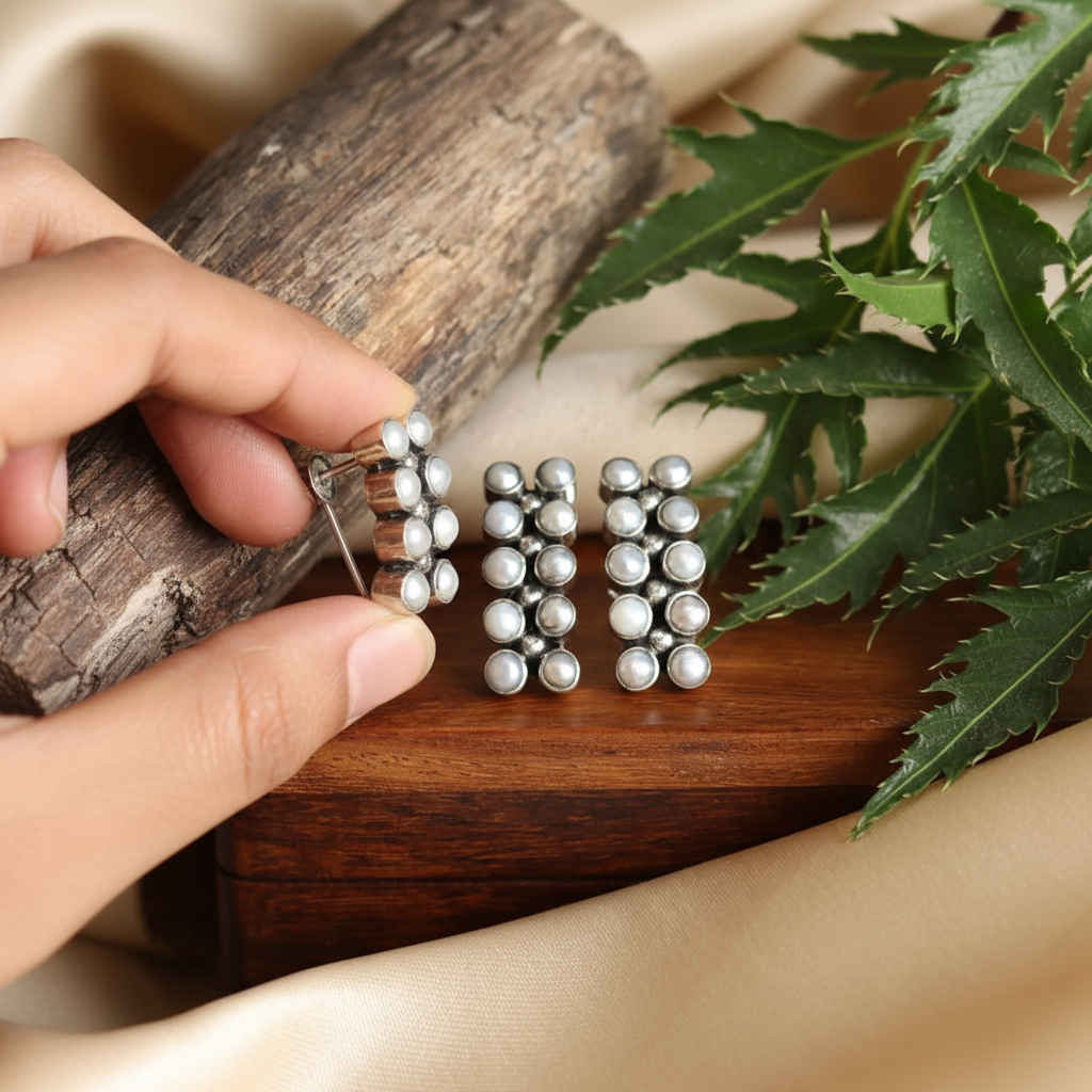 Double line Pearl Studds | Crafted Canvaas