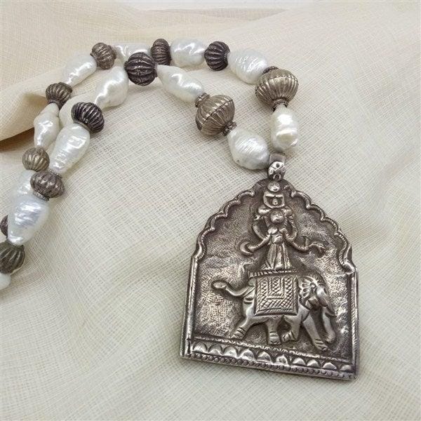 Elephant With God Big Size Pendant With Pearls & Silver Beads Silver Mala - Crafted Canvaas