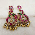 Gold Plated Red & Green Stone Peacock Earrings With Pearl Hanging - Crafted Canvaas