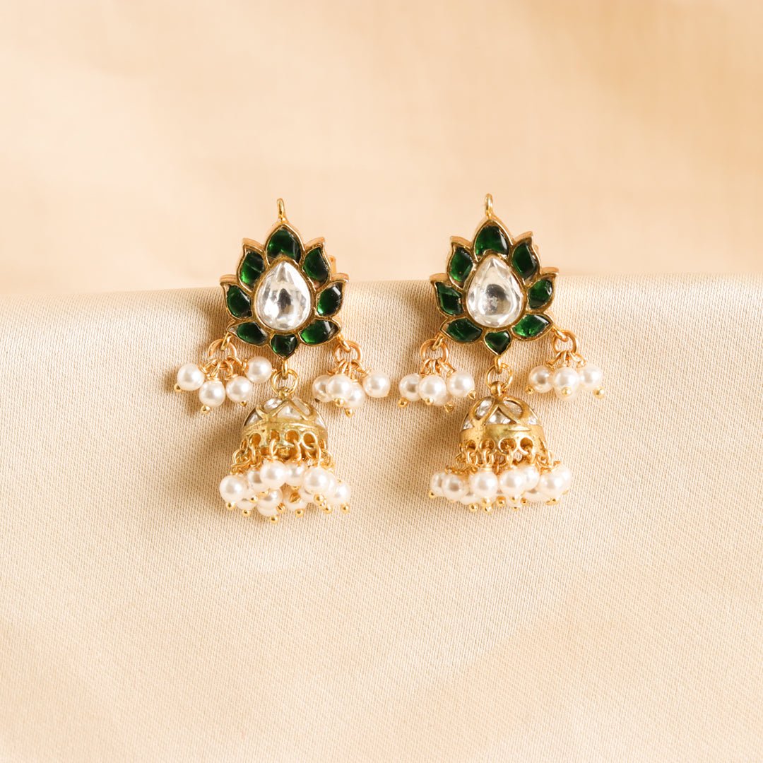 Green Kundan Jhumkis - Crafted Canvaas