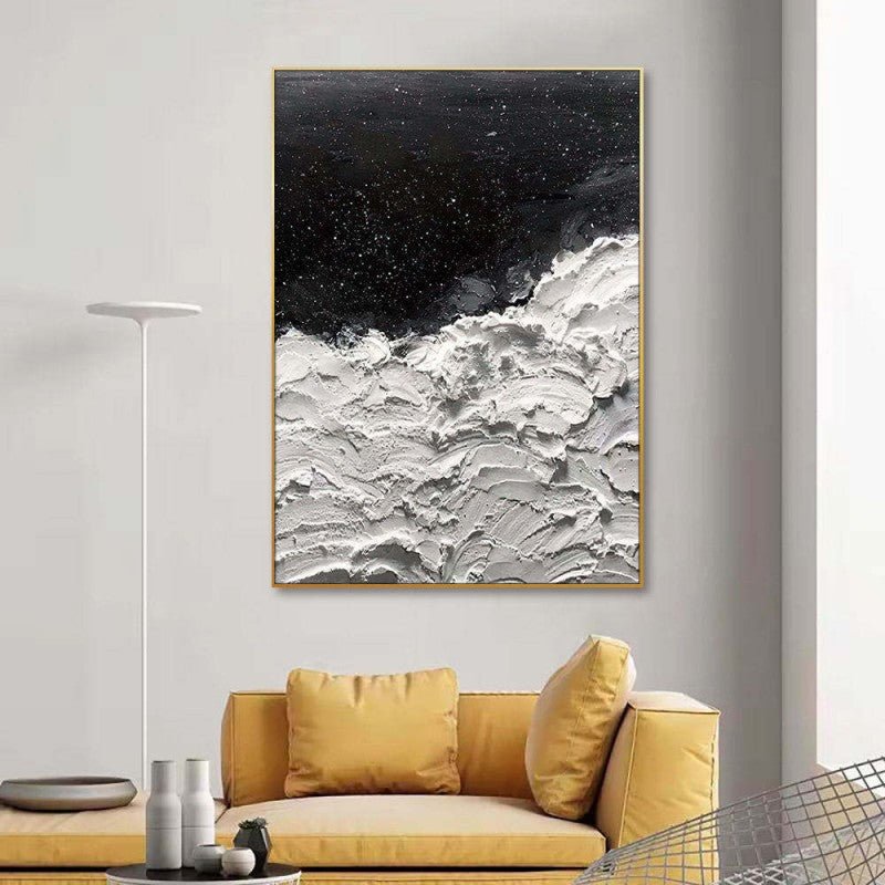 Handmade Thick Abstract Oil Painting on Canvas ÃÂÃÂ¢ÃÂÃÂÃÂÃÂ Modern Original "Oceans of Stars" Black & White Seawave Wall Art, Rolled Frameless Decoration for Home, Office, or Living Space - Crafted Canvaas