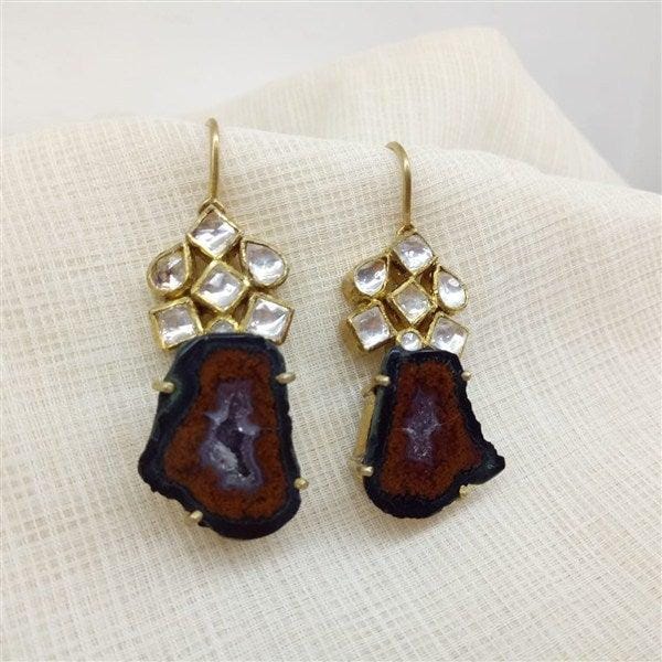 Hanging Flower Earring Brown Agate Stone With Kundan in Silver With Gold Polish - Crafted Canvaas