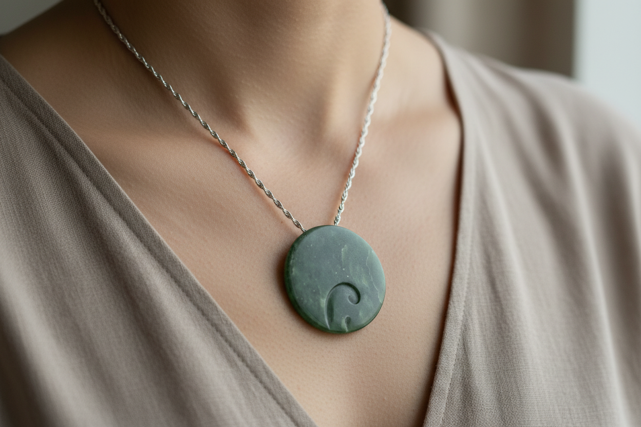 Jade disc pendant with korus by Nick and Mady | Crafted Canvaas