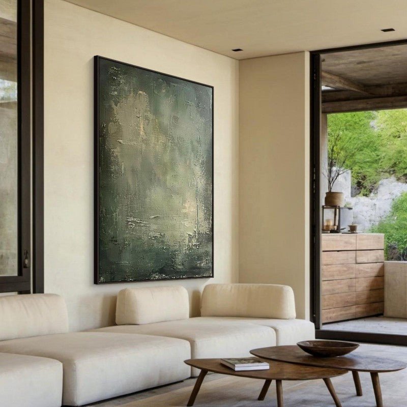 Large Geometric Abstract Painting in Green and Beige ÃÂÃÂ¢ÃÂÃÂÃÂÃÂ Minimalist Wabi - Sabi Canvas Wall Art, Modern Green Wall Decor for Contemporary Spaces - Crafted Canvaas