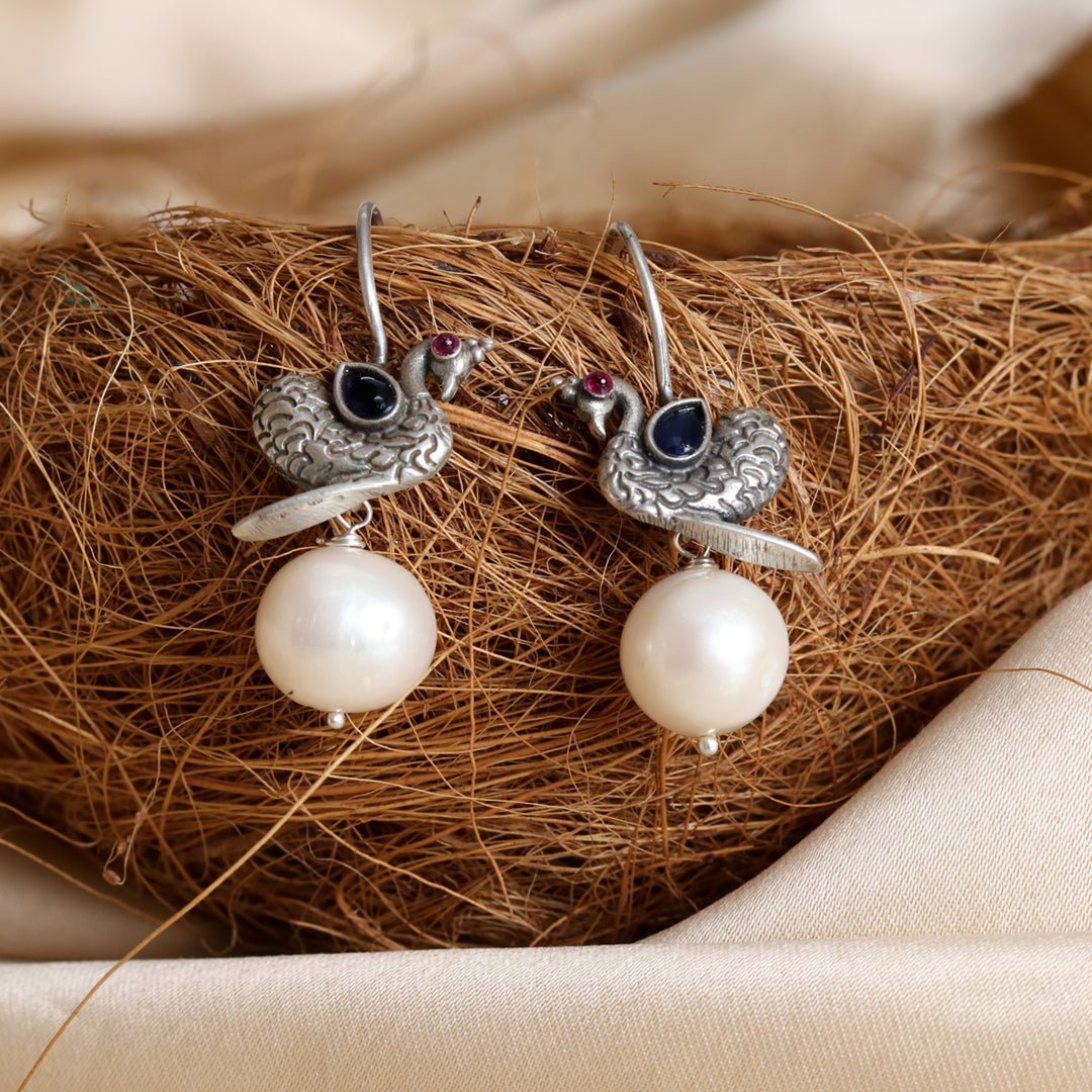 Peacock Pearl Blue Earrings - Crafted Canvaas