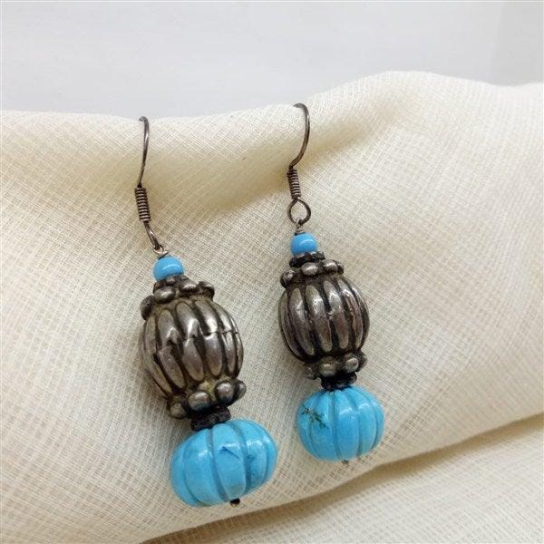 Silver Hanging Earrings With Damru Beads - Crafted Canvaas