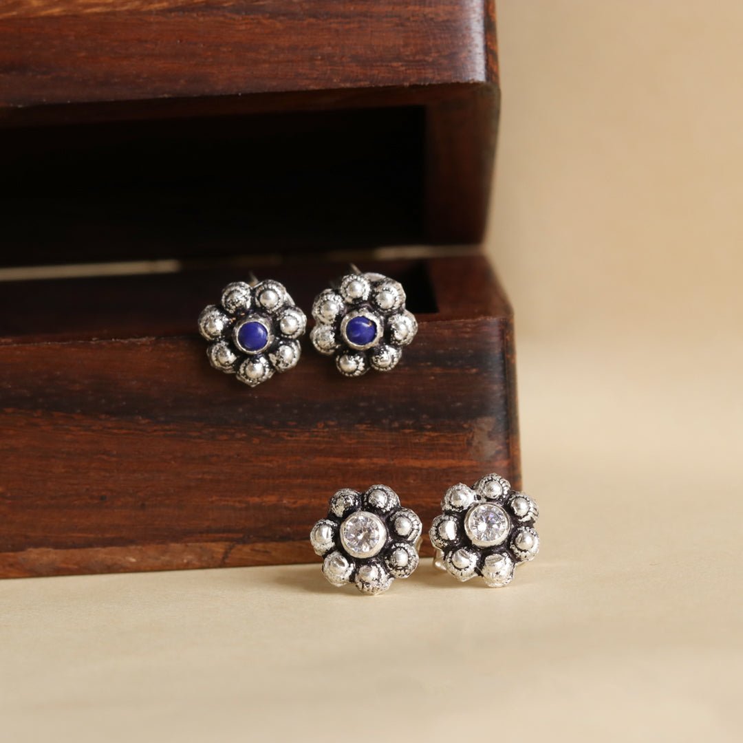 Swarovski & Blue Kudi Stud Earrings Set of 2 Pure Silver - Crafted Canvaas
