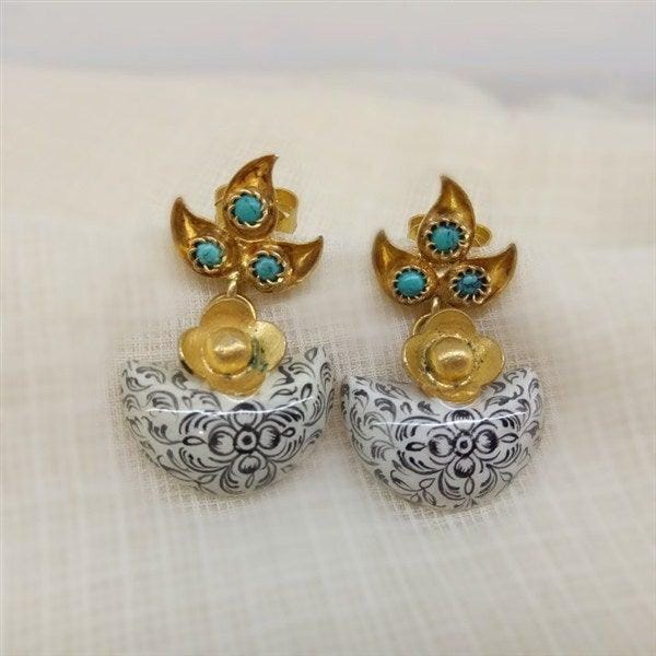 Turquoise & White Moon Shaped Design Stone Earring in Silver With Gold Polish - Crafted Canvaas